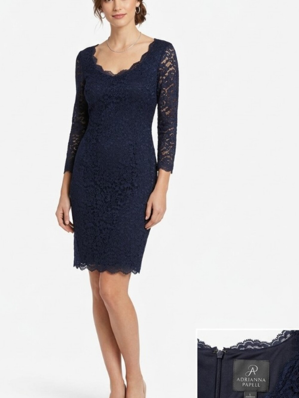 Adrianna Papell Navy Lace Sheath Dress with Three-Quarter Sleeves Romantic